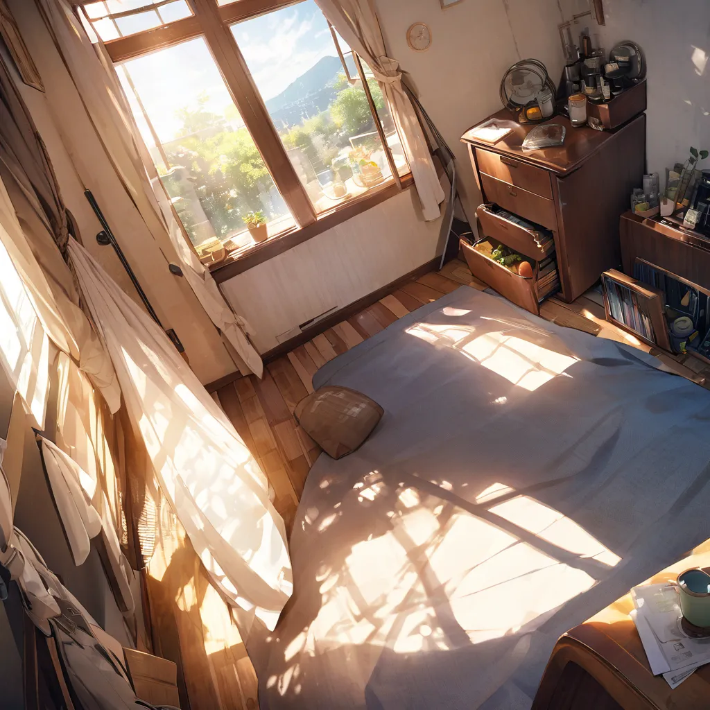 Inside the house、machine、window、curtain、Sunshine、Bright room, top angle view