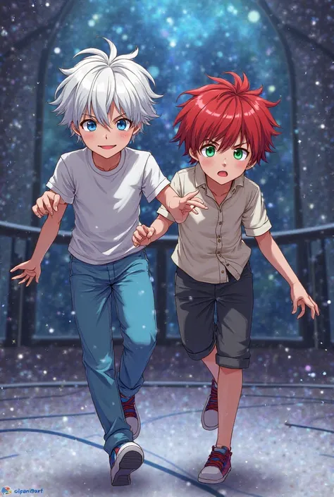 Manga-like image of two boys, one with white hair and blue eyes with a smile and the other with serious red hair and green eyes, both doing rhythmic gymnastics movements in a room that looks like a galaxy.