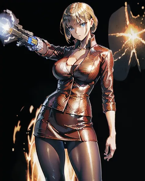  terminator、 Terminator 3、 Terminatrix 、T-X、 machine arm ,  anime style, Japanese illustration style,  Gold, big breasts,  expressionless, 1 girl、tight skirt with juniors、pantyhose、HD、 beautiful face、 excellent style、simple background、Liquid Metal、 flame r...