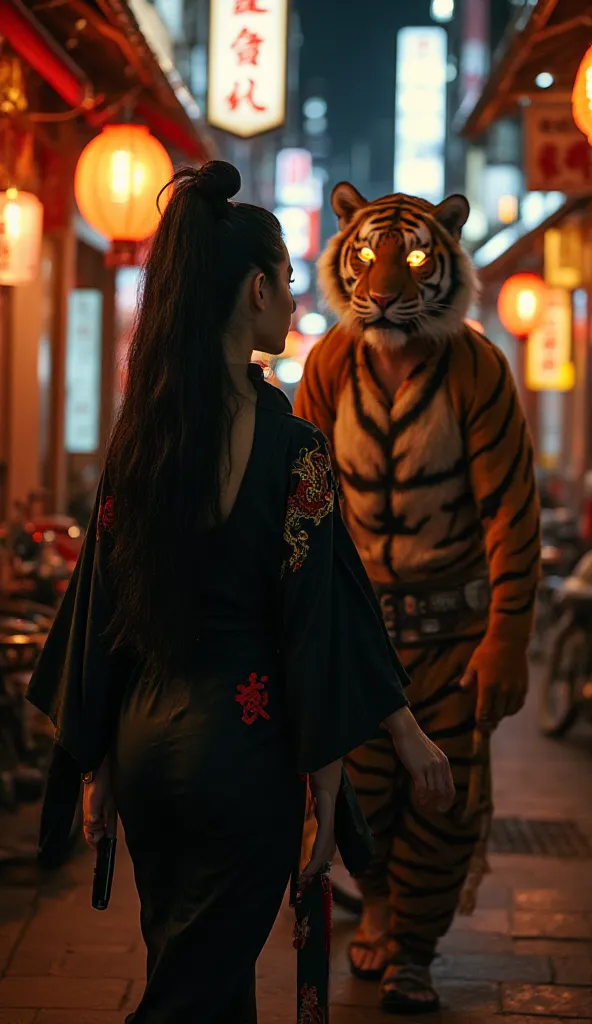 A captivating Japanese female Yakuza boss with long, silky black hair tied in an elegant bun, wearing a fitted black kimono with red dragon embroidery. Her man-tiger fusion security guard, with glowing amber eyes and striped fur covering his muscular human...