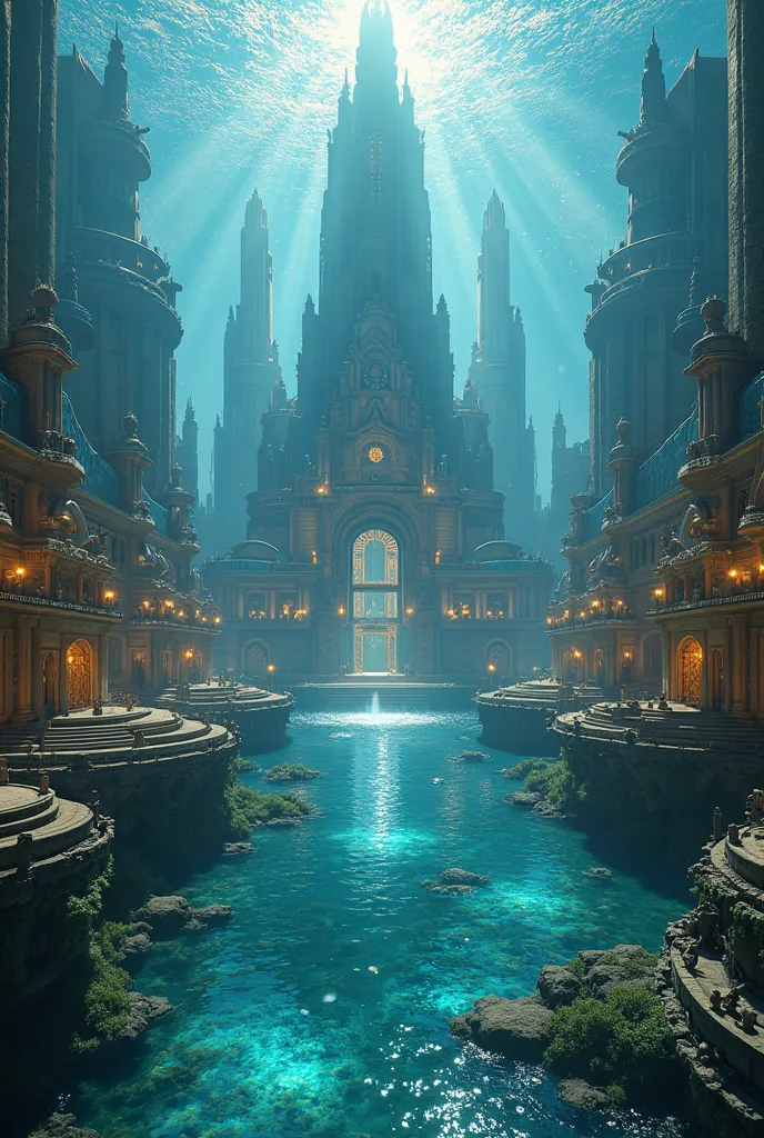 A breathtaking view of Atlantis in a realistic cinematic style. The city In the ocean combines classic architecture with Futuristic touches, with majestic stone buildings and sparkling glass. Tall towers with golden details emerge from the water,  connecte...