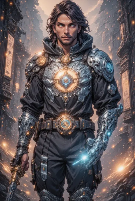 Here is a more detailed description of the character Zodiac:

# Body and Clothes
Zodiac is a tall, athletic young man, with about 1,90m tall.  His body is muscular and defined , with a confident and heroic posture. He wears black and silver armor that cove...