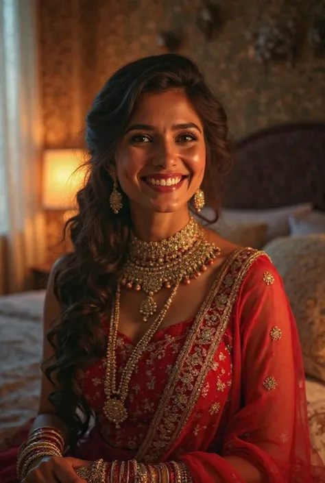 Slender indian bride, happy, smiling, adorned with jewellery, bangles, wearing red lehenga, full picture, head to toe, cute, pretty, fair skin, bedroom background, dim lights.