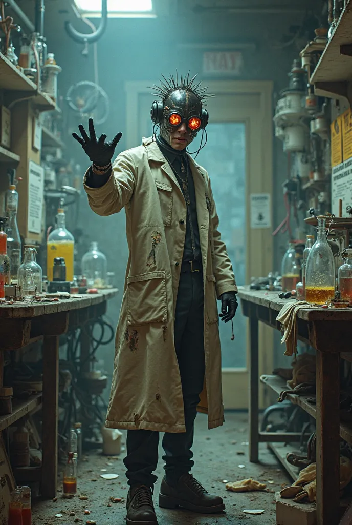  mad scientist , computer head , lab coat, punk style, Chemical formula, threatening