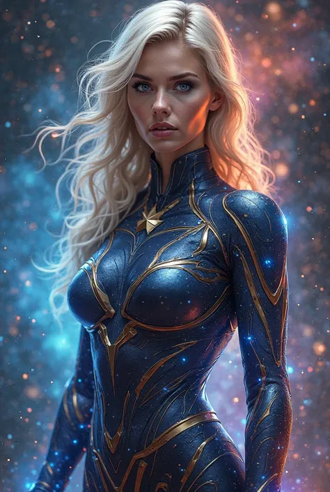 Her super suit is A constantly shifting, swirling mass of cosmic energies, appearing as a living nebula with vibrant colors and areas of pure blackness.
She takes on a human form blonde hair blue eye incredibly sexy