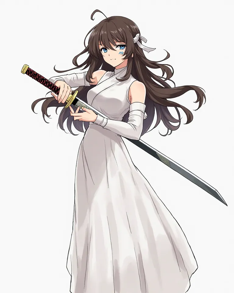 White Ninja, dress, 1girl, Long Hair, Looking at viewer, Blue eyes, High Quality, Wavy Hair, Fang, Hair Ornament, Hair Ribbon, Facepaint, Crescent Hair Ornament, katana, full body, brown hair, asian, focused look, revengeful