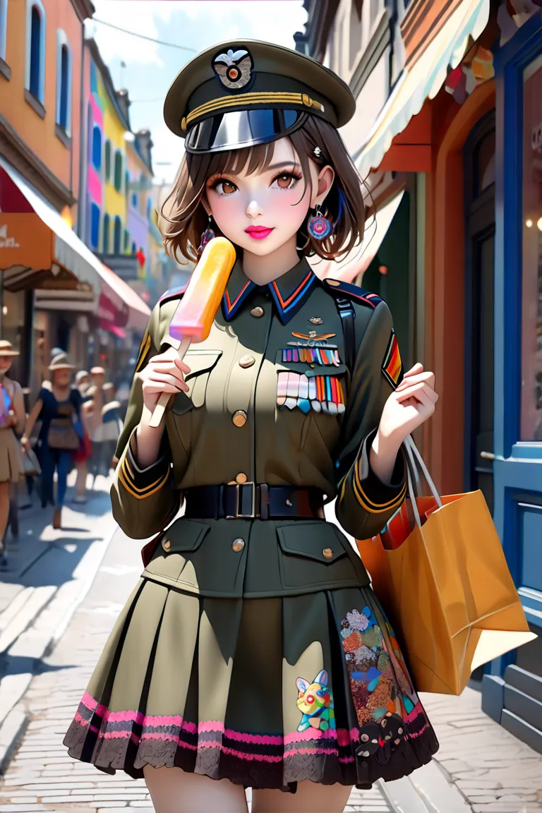  ( bestquality,4K,8k, highres,masterpiece:1.5),ultra-detailed,(realistic,photoRealistic,photo-realistic:1.4),HDR,UHD,A Lolita girl in a cute military uniform walks through a shopping street、Psychedelic Picture、The girl is 、deformed style、} Wears a military...