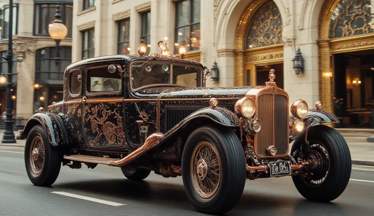 A classic vehicle with a futuristic steampunk touch, boulevard designed with angular lines and chrome metal details, moves along an Art Deco steampunk. The car has large stud wheels, that seem ready to conquer any terrain, and an ornate body with intricate...