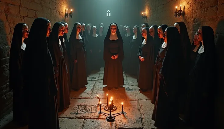 "A dark and enigmatic scene inside a medieval convent, where a secret ritual is being performed by flickering candlelight. The nuns, dressed in traditional habits, are gathered in a tight circle around a central figure who appears to be leading the ritual....