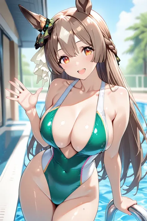 1girl,solo, satono diamond 
 \(umamusume\) , \\BREAK 
, competitive swimsuit 
large breasts, shiny skin,pool side,nsfw
 ,smile, 
 looking at viewer, blurry background, open mouth, smile
 good anatomy, perfect anatomy, perfect fingers, perfect hands,
 (mast...