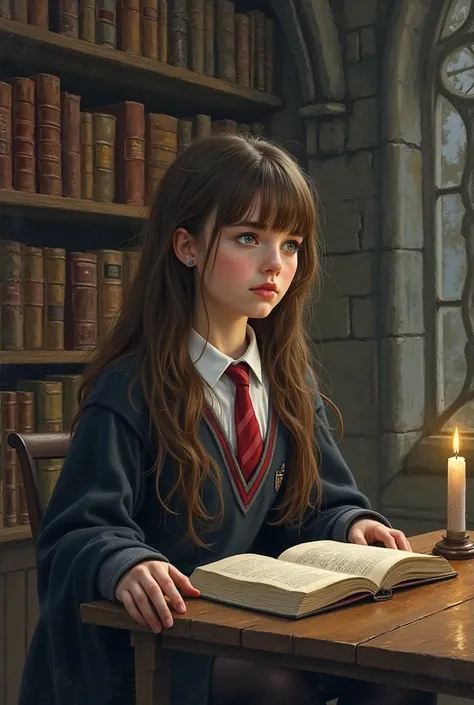 The image portrays an 18-year-old English girl with a youthful and enigmatic appearance, sitting in a dark area of the Hogwarts library.  Her long brown hair , smooth and frayed ,  falls softly on her shoulders , with a fringe that frames her face and lock...