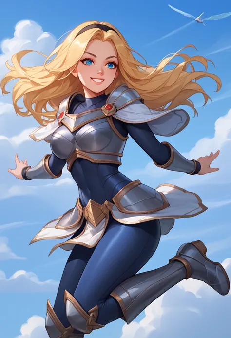 score_9, score_8_up, score_7_up, score_6_up, score_5_up, score_4_up, LuxLoLXL, blue eyes, blonde hair, long hair, black hairband, medium breasts, collarbone, shoulder armor, armor, blue bodysuit, breastplate, long sleeves, faulds, skirt, blue pants, armore...