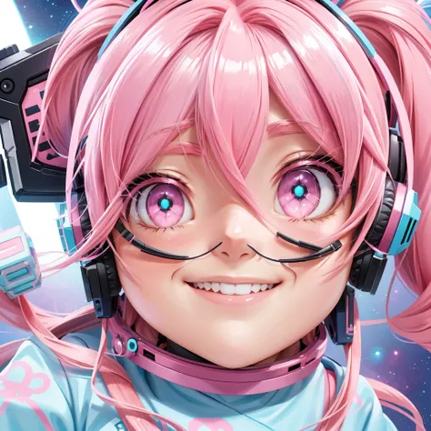 anime girl with pink hair and a gun wearing headphones,  anime Moe art style, A happy smile, [[[[Laughing evilly]]]],  IG studio anime style, Nightcore,  Official Illustration , Anime Peripherals,  animated portrait of a space student girl ,  pink twin tai...