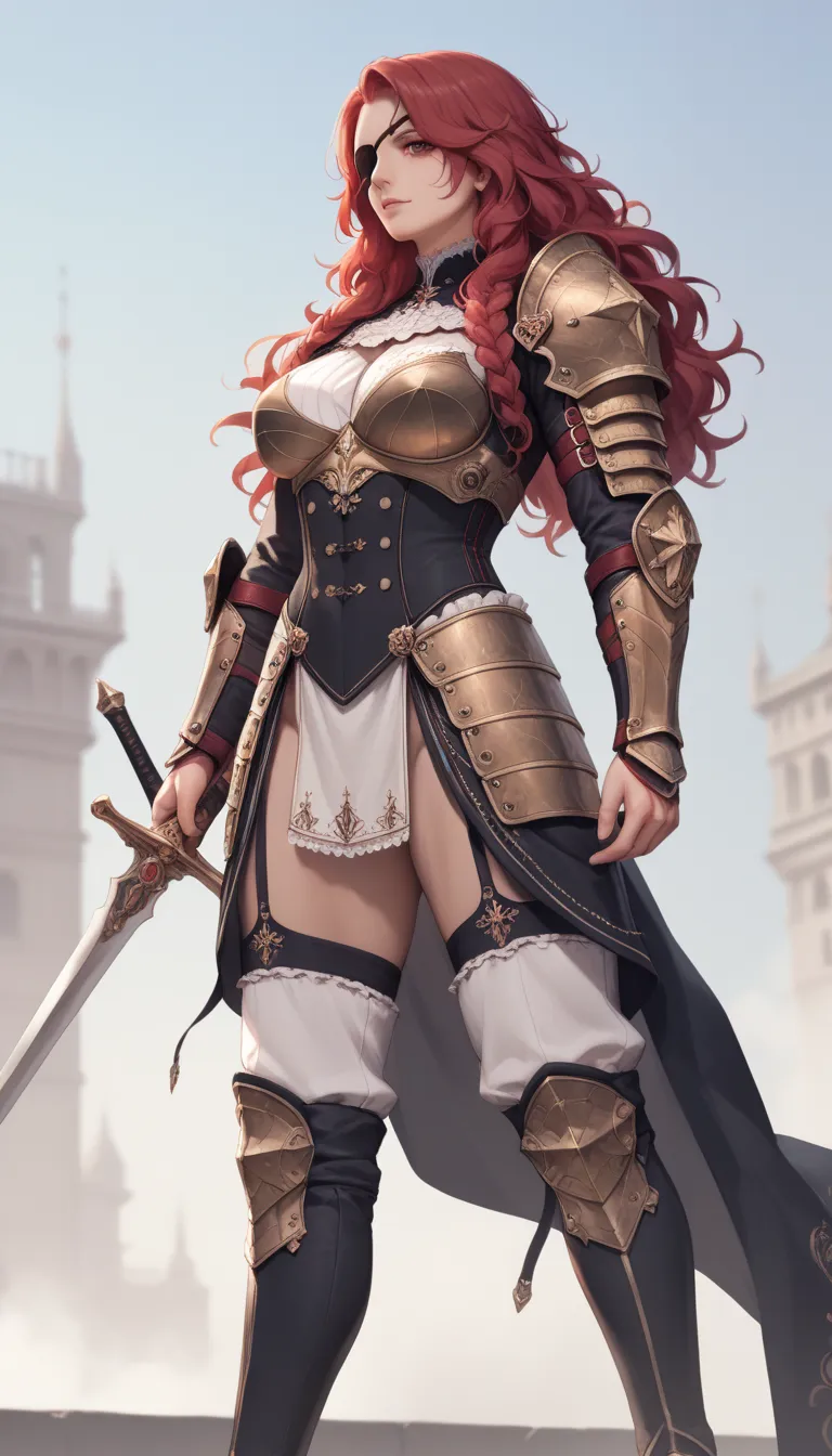 A formidable female warrior with long, wavy red hair and a muscular, toned body, wearing an intricately decorated armor that blends elegance and functionality. The armor is adorned with ornate detailing, reflecting her noble lineage and military prowess, w...