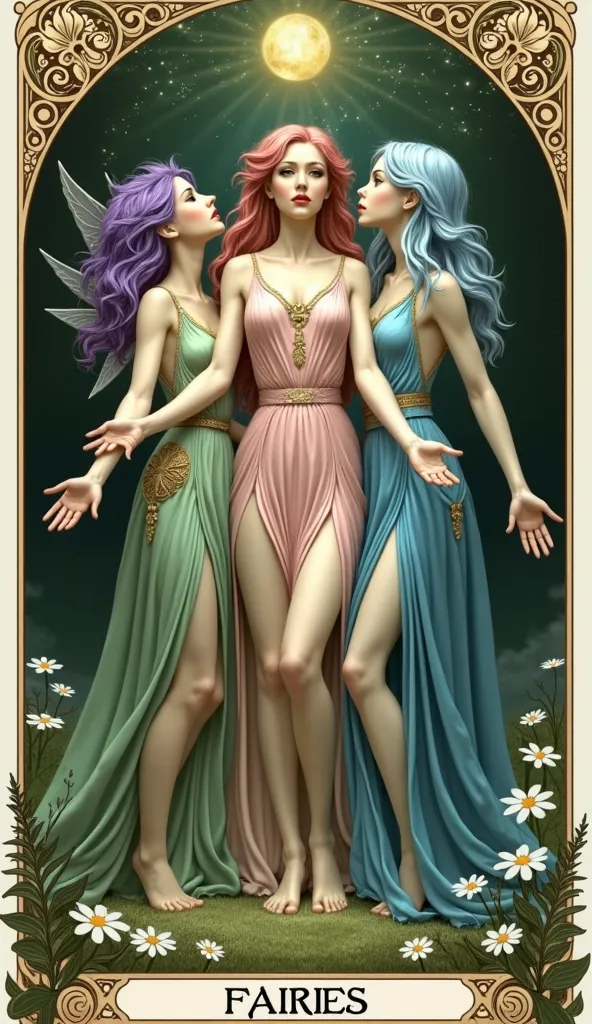 Create the tarot card the fairies, 3 full body fairies, one purple star fairy hair and topa the other pink love fairy with pink hair and clothes and the other one in the water color blue hair and blue clothes, they have power in their hands joining them,  ...