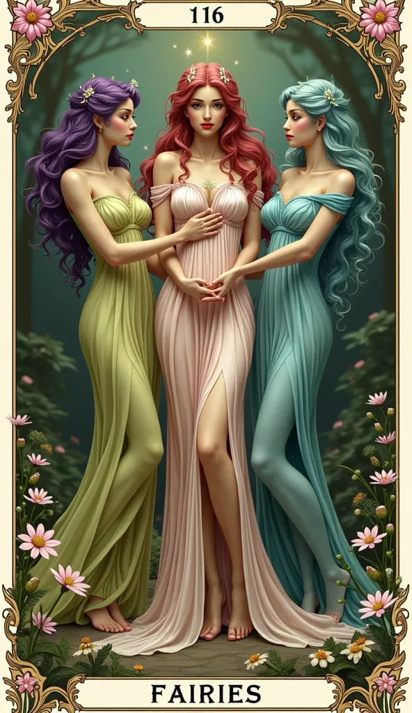 Create the tarot card the fairies, 3 full body fairies, one purple star fairy hair and topa the other pink love fairy with pink hair and clothes and the other one in the water color blue hair and blue clothes, they have power in their hands joining them,  ...