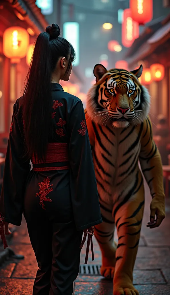 A captivating Japanese female Yakuza boss with long, silky black hair tied in an elegant bun, wearing a fitted black kimono with red dragon embroidery. Her man-tiger fusion security guard, with glowing amber eyes and striped fur covering his muscular human...