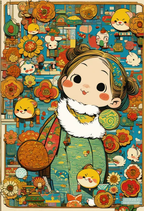 has various animals and texts written in Chinese, hand drawn cartoon-like pattern, Art Cover, Cute best sticker , sticker illustration, Shiba Mansion, This Miharu, Cute Features, Nakamoto, cartoon character design,1 girl, alone，big eyes， cute expression ，T...