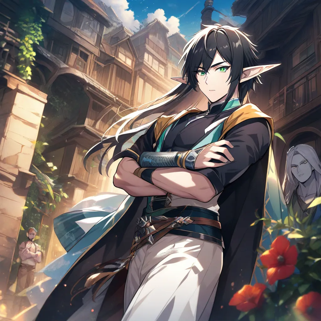 Tall elf boy white skin attractive with handsome face Elf ears fantasy clothing decent adventurous type costume boy who looks muscular but not excessive and attractive masterpiece, black hair, green eyes 