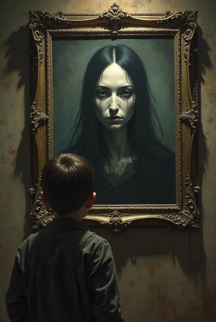 boy watching a painting depicting a macabre woman in profile, looking over his shoulder. long nose, Thin black hair, and empty eyes. As if it were a Victorian-era ghost.