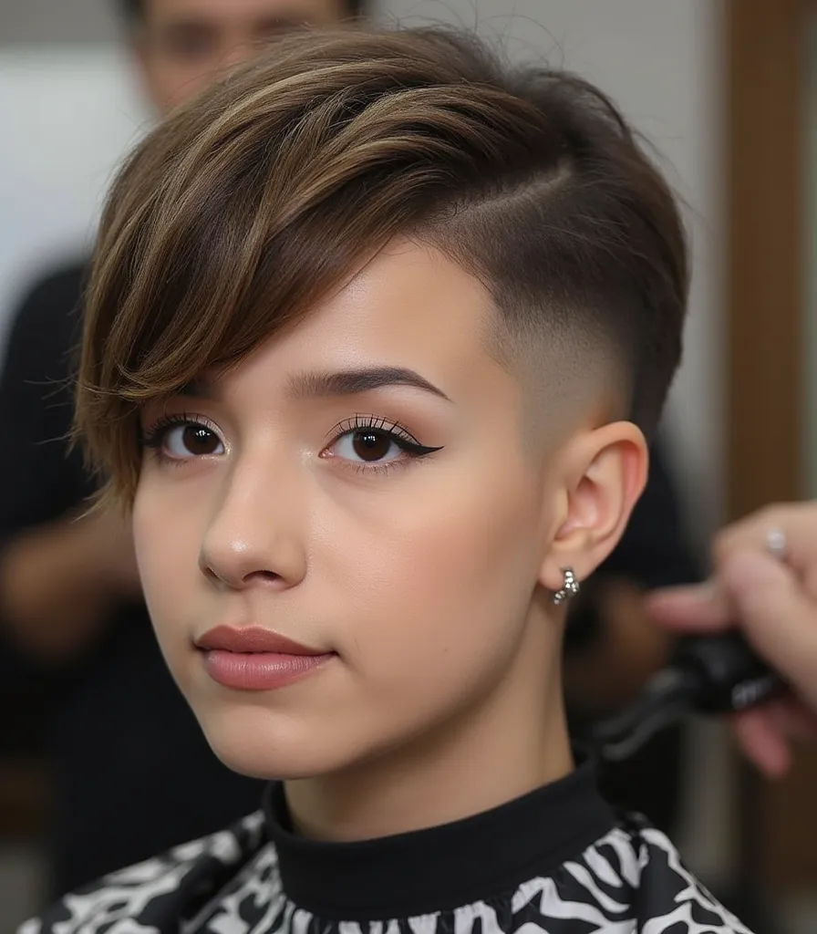 Pokimane, Ganzkörper aufnahme, a barber cut her hair with a Original Hairclipper machine, A meticulously Military Very extreme short Pixie high fade haircut , featuring sharp, clean edges and a seamless blend from the skin fade on the sides to the textured...