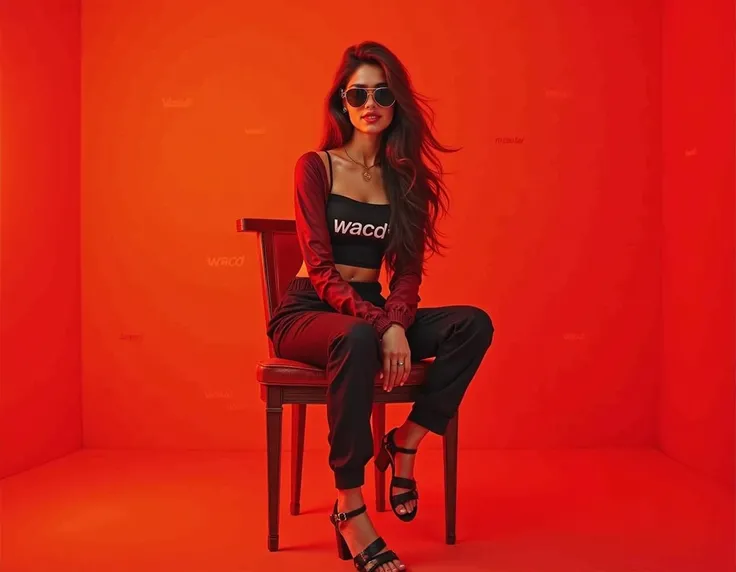 Pakistani realistic beautiful cute 18 year old model with fair skin looking down elegant fashion attitude Sitting stylishly in a chair agg big smile long brown hair sunglasses long sandals beautiful makeup Brand advertising red background and fresh colors ...