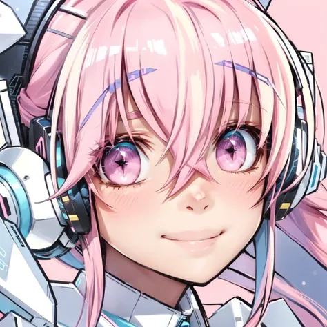 anime girl with pink hair and a gun wearing headphones,  anime Moe art style, A happy smile, [[[[Laughing evilly]]]],  IG studio anime style, Nightcore,  Official Illustration , Anime Peripherals,  animated portrait of a space student girl ,  pink twin tai...