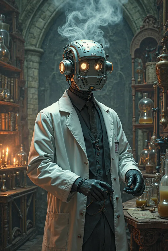  mad scientist , computer head , lab coat, gothic style, Chemical formulas, terror