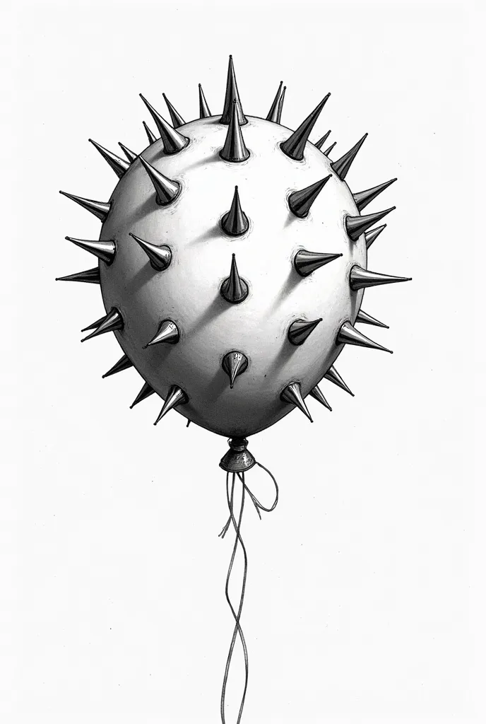 Black and white drawing of a toy balloon with spikes stuck