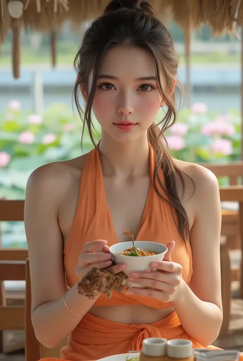 Beautiful 20 year old Thai girl, wearing a Thai pastel orange chest wrap and a cut waist., sitting eating pork noodles(Soft drinks ,Pork steak)wooden table background,Wooden chairs ,Pier,The shop is by the river,collecting lotus flowers in the swamp,  high...