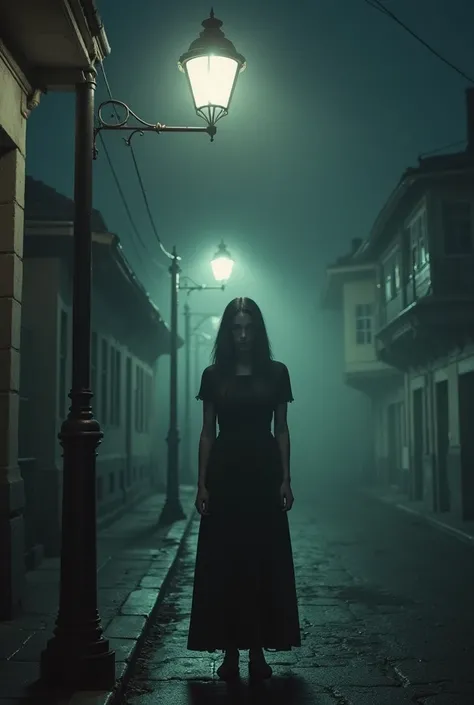 A nighttime urban street with an old, flickering streetlamp. A ghostly woman in a long dress with a blurred, unidentifiable face stands beneath the light. The background is a misty, empty road with old buildings. Cinematic lighting, eerie glow from the str...