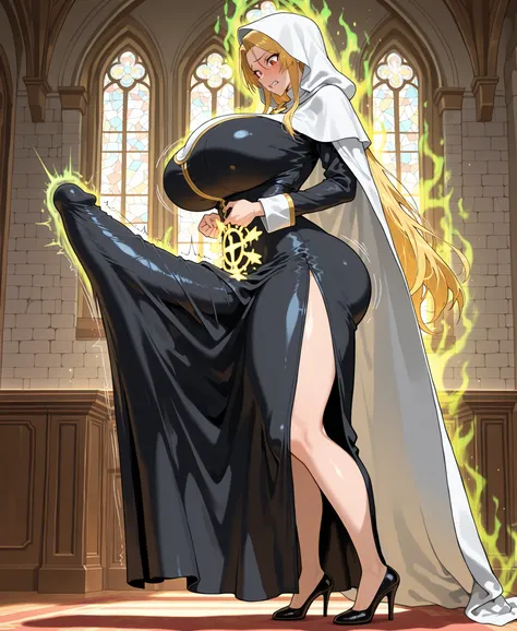 masterpiece, be upst quality, amazing quality, anime screencap, 1lady, milf, mature woman, solo, ((big full bimbo lips)), blonde hair, from side, indoors, grey brick wall, window, church, NSFW, nun, white rob, white hood, white cape, hood over eyes, thigh ...