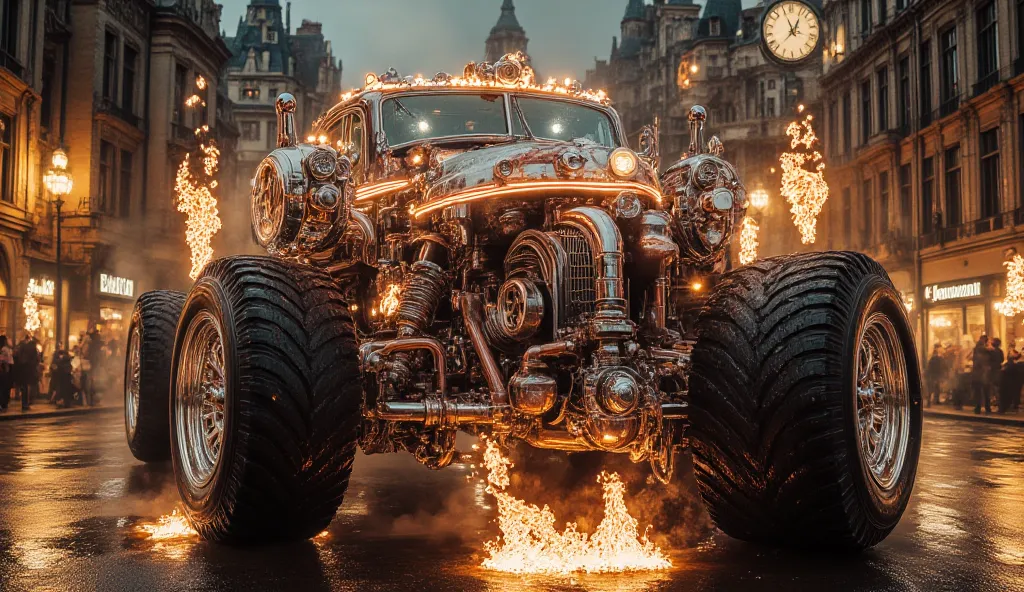 A monstrously imposing vehicle, merging the classic with a futuristic steampunk style, advances with power and majesty for a Art Deco steampunk. The car, a luxury machine, is adorned with huge taco wheels, boulevards so big and robust that seem to be able ...