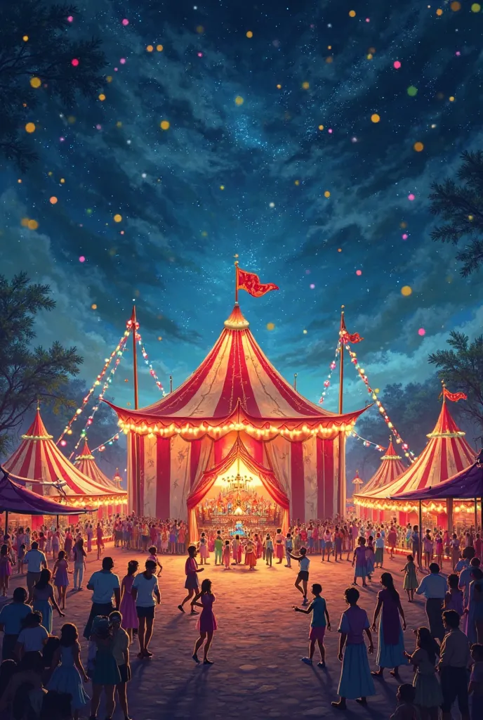 Create an image of a beautifully illuminated circus at night with stars in the sky wallpaper style a little larger with the title love under the circus lights the title written in Portuguese 