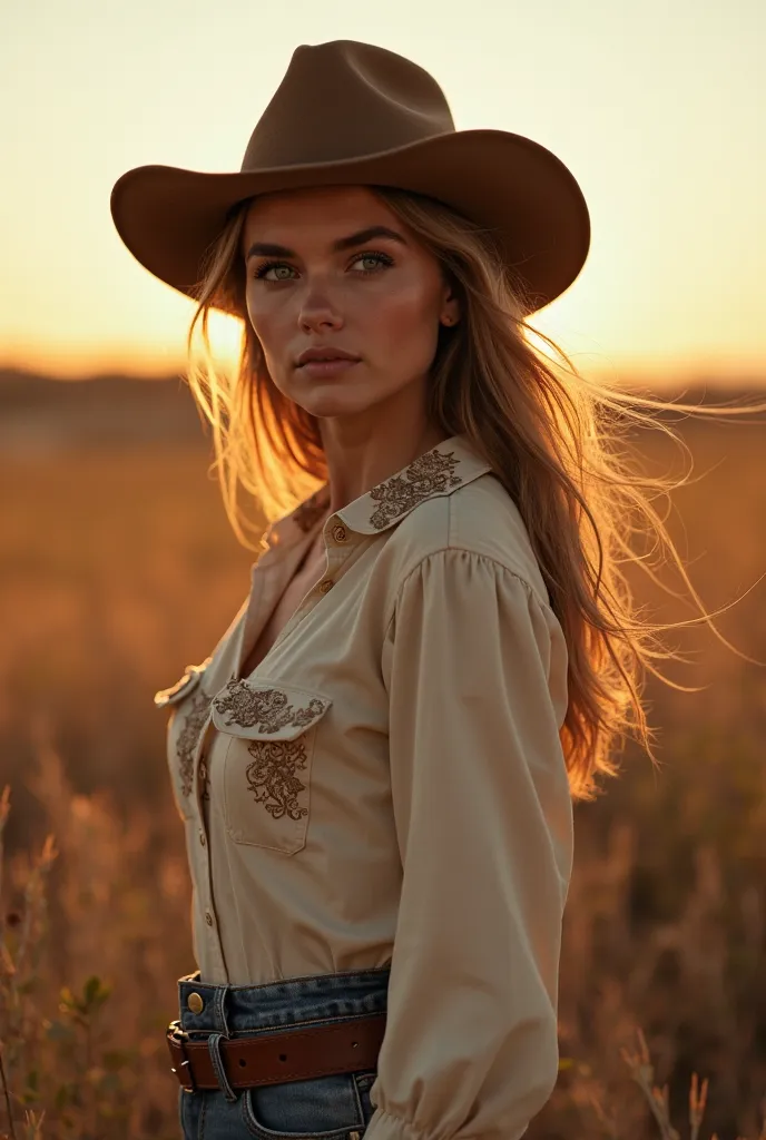 "A beautiful woman with green eyes is in the left corner of the image,  smiling captivatingly . She wears a stylish country hat and a fitted country blouse, with rustic details. Her hair flows slightly in the wind, and the soft light of the evening highlig...