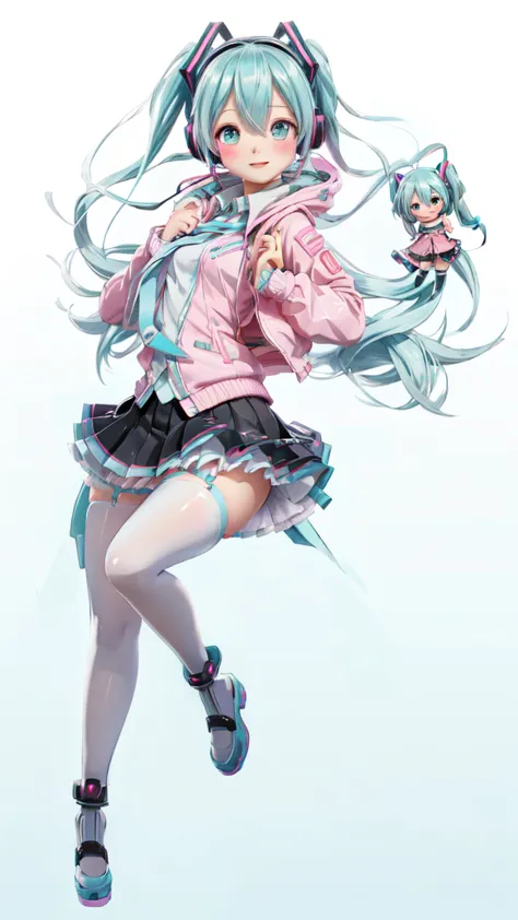  Anime Girl in a skirt and jacket with headphones on,  anime Moe art style, Mikudayo, Is pixiv,  Anime Girl with teal hair,  Anime full body illustration , hatsune Miku, The anime Barbie was wearing white stockings, Miku, seductive  Anime Girl,  Anime Girl...