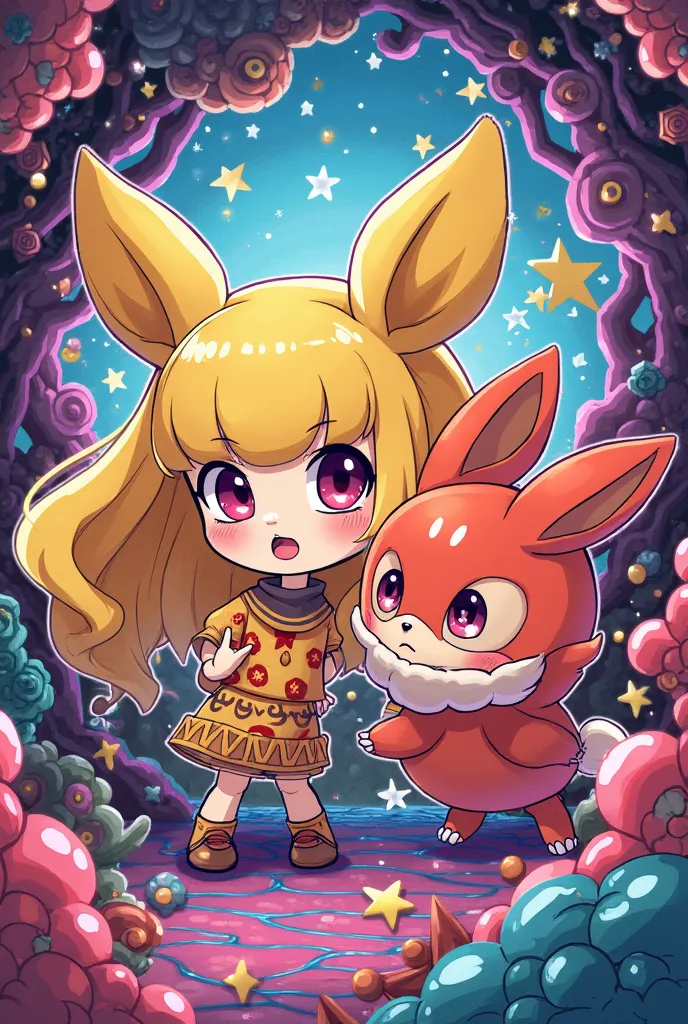 peut tu me générer une cover d’hyperpop avec boucle d’or et victini dessus en mode chibi