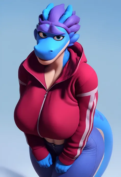 score_9, score_8_up, score_7_up, score_6_up, looks at the viewer, anthropomorphic furry female dragon, Reptile, female, body white and stripe blue scales , blue eyes , huge breasts , (wide hips 1 .3), sports in red snow jacket , Against the background of t...