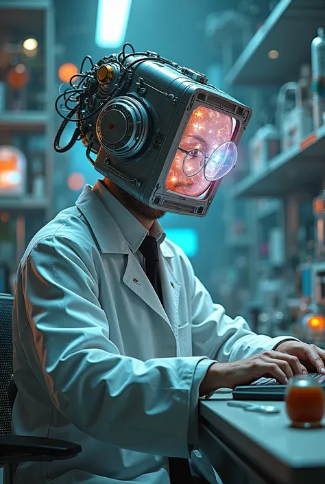  mad scientist , computer head , lab coat, surreal, pantalla, digital computer, surreal, frio, terror