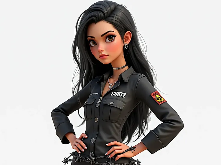 Create a Pixar Studios-style 3D female character long black reference game Call of Duty mobile hands on waist serious expression light brown eyes with one foot resting on top of the name wrapped around the name with barbed wire neutral background