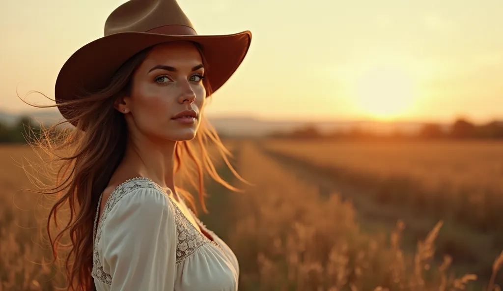 "A beautiful woman with green eyes is in the left corner of the image,  smiling captivatingly . She wears a stylish country hat and a fitted country blouse, with rustic details. Her hair flows slightly in the wind, and the soft light of the evening highlig...