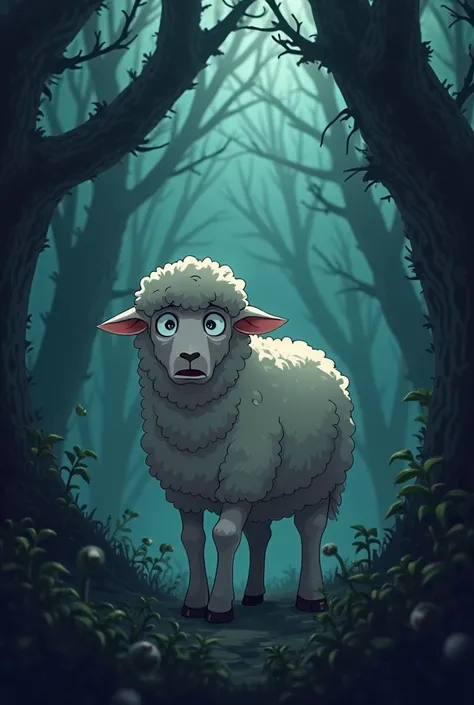 scared sheep in a dark forest with shadows growing around the sheep, the sheep is clearly scared. make it in animestyle