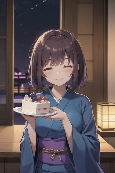 masterpiece,best quality,1girl,frisk,fanon,brown hair,short hair,bangs,(closed eyes,-_-),(blue kimono,purple trim,purple obi:1.3),(holding,holding cake,cake),light smile,east asian architecture,night,