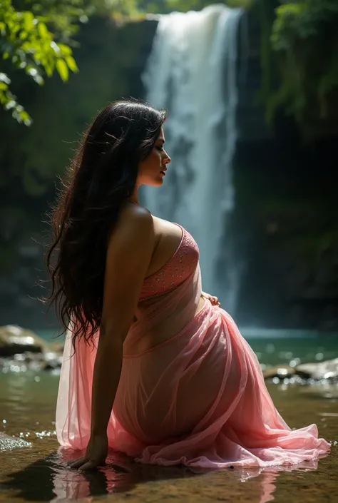 Side view of A thirty-year-old Desi busty woman with large breasts in a low waist  transparent saree(low cut blouse, busty,) on her knees crawling towards viewer and seducing at waterfalls (((seducing pose))) too hot to handle,too sexy 