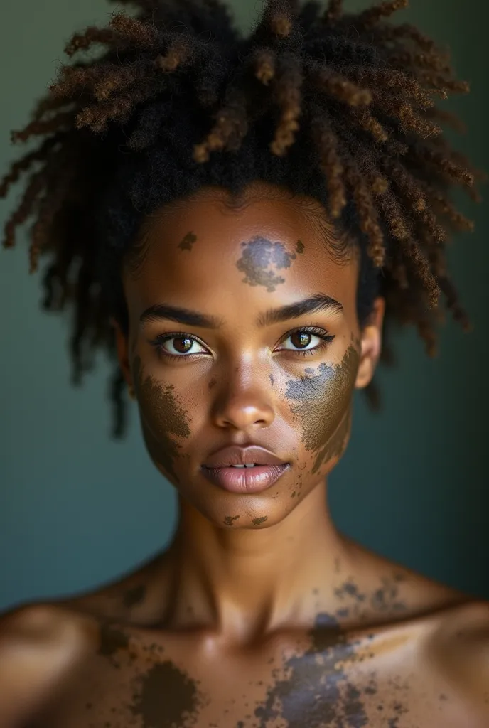  A fair-skinned woman , Your very wet and dirty afro hair, With my face dirty with mud, in a magazine-worthy photo shoot,  a penetrating look .