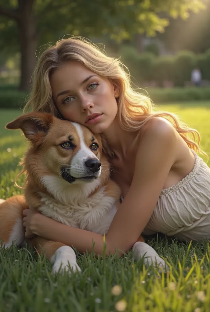 Blonde woman lying on a lawn with her breasts showing up hugging her dog