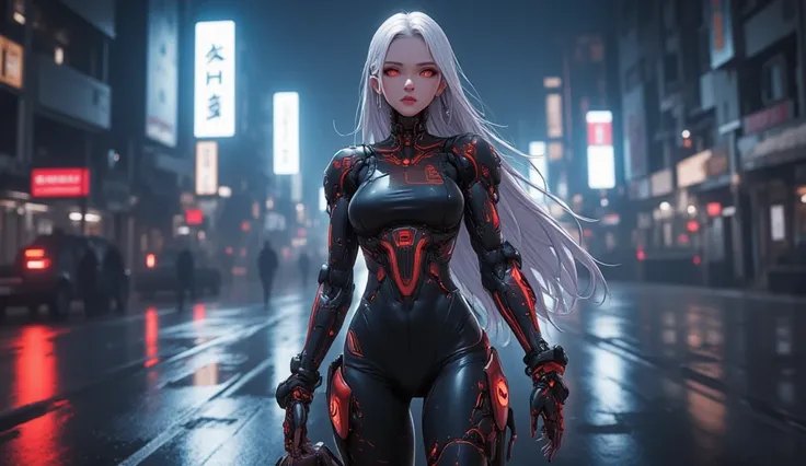 AI woman with matte black and white cyberbody, with red glowing details, very tall, with thick thighs, wide hips, long legs, and a slender waist. Dark red glowing eyes, Long flowing white hair. sad expression on face, No mechanical parts on the face, Clean...