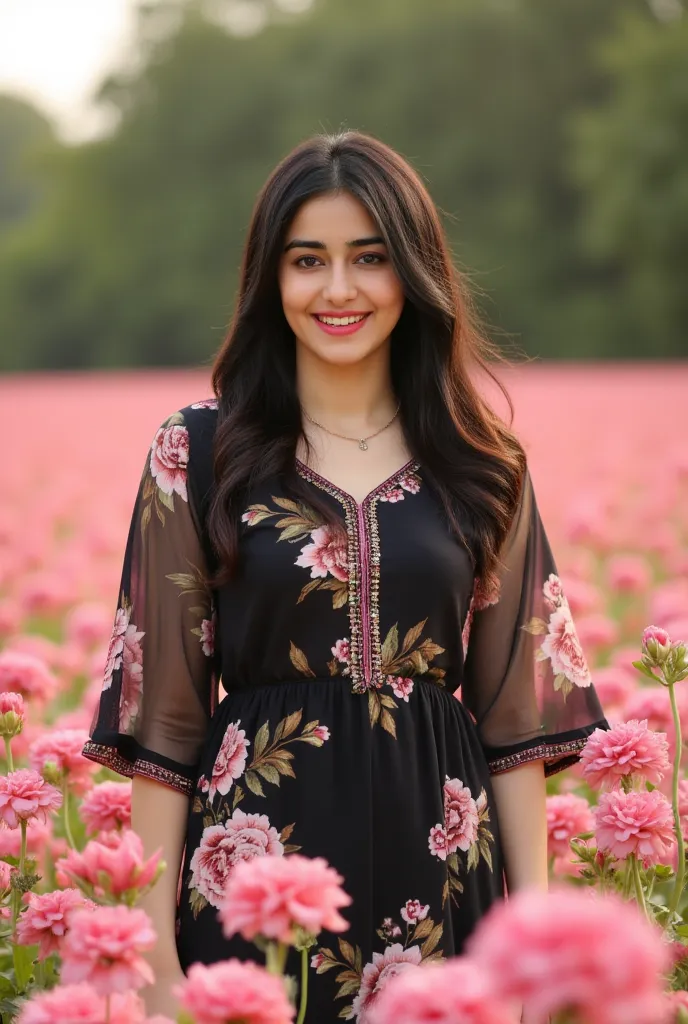 A 18-year-old  indian model preatty & cute girl with black hair and smile on her face  wearing a flowing floral  black kurta, standing amidst a field of pink flowers soft light illuminating the scene, detailed textures on her outfit, ultra-realistic, 4k