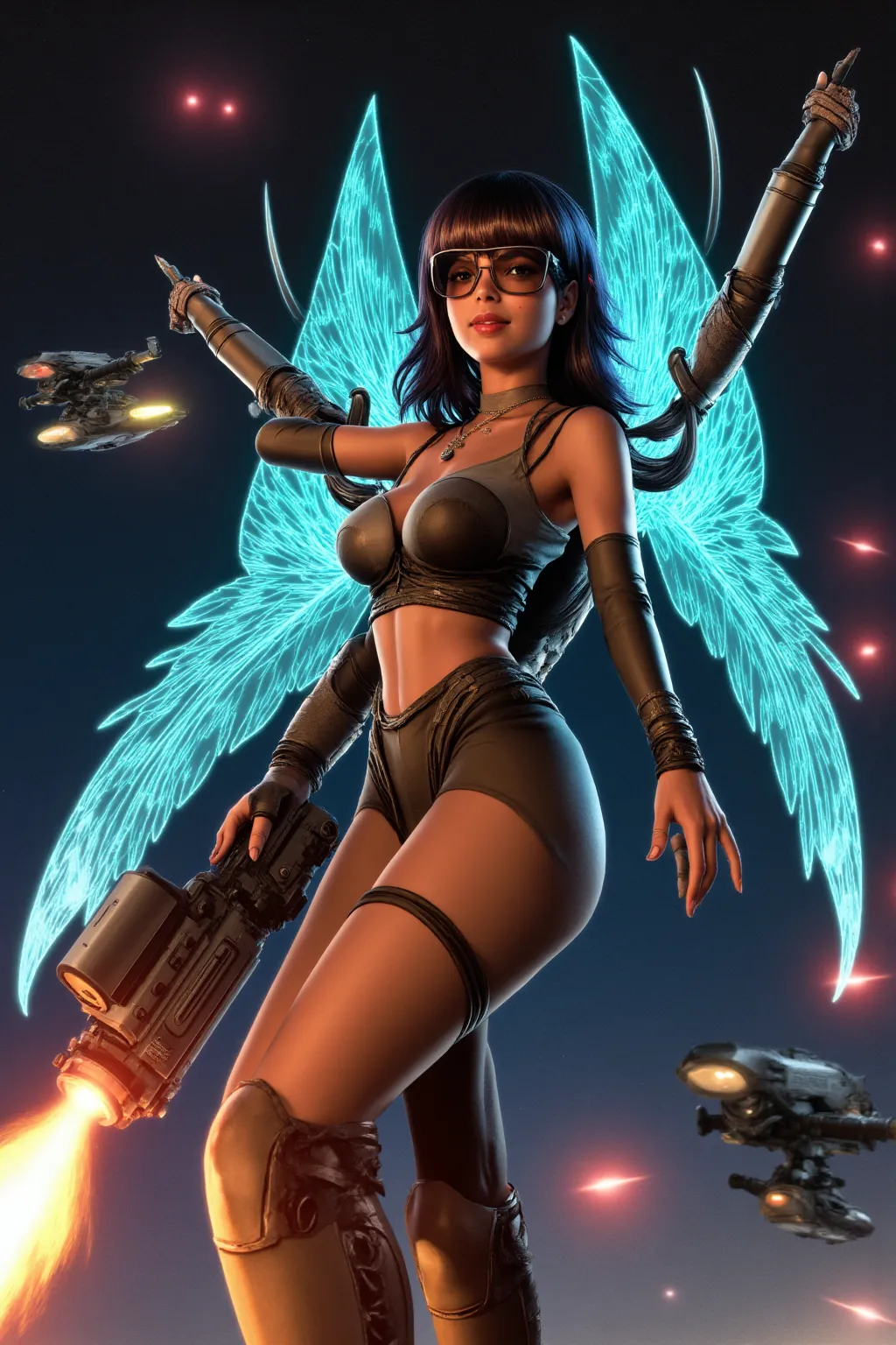 Atari video game Yar's revenge, cute woman in sexy cosplay as Yar (cybernetic insectoid warrior, jet pack, hologram wings, 4 arms, big gun). (Age 20, large saggy natural breasts, slim, athletic, nice hips and thighs, slender). Sexy outfit. In a virtual rea...