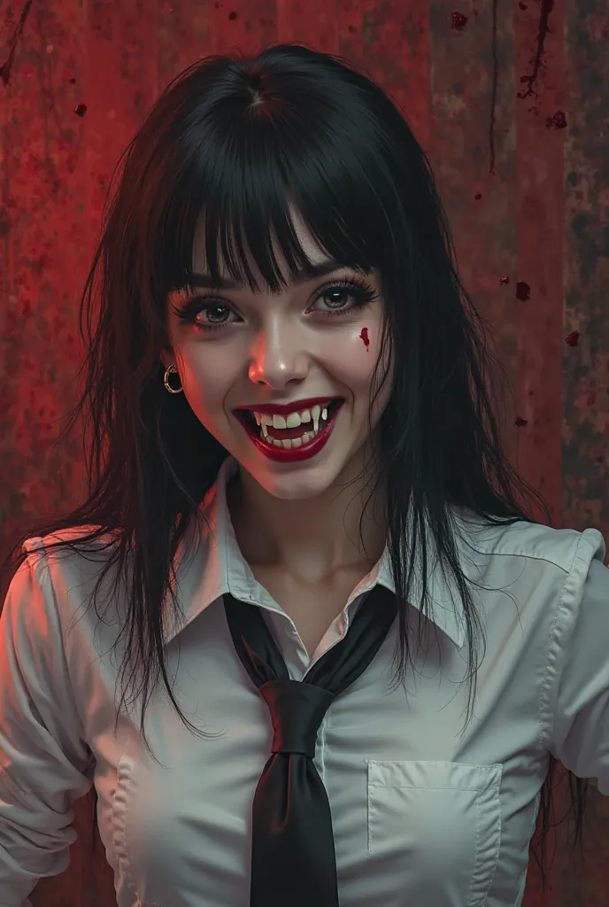 a woman in a white shirt and tie posing for a picture, vampire fangs, evil smile, sharp and pointy vampire teeth, two fangs, vampire girl, top rated on pixiv, beautiful scary female vampire, 🎀 🧟 🍓 🧚, sharp vampire teeth, fangs and slime, sharp fangs, evil ...